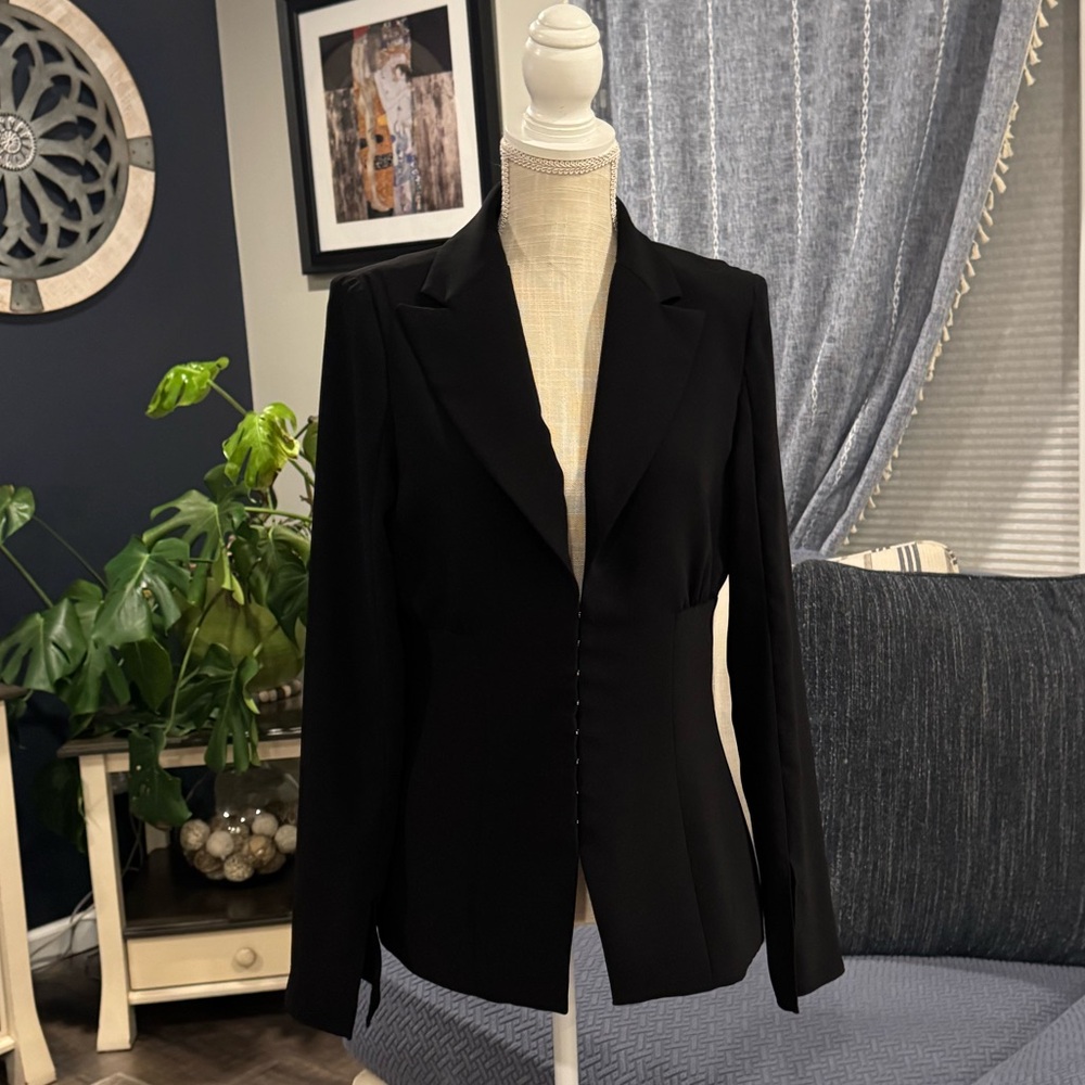 Amanda Uprichard Black Tailored Blazer | Hook & Eye Front | Shoulder Pads